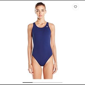 Dark blue solid v back swimsuit